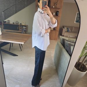 chemise en coton  blanche et vert foncé